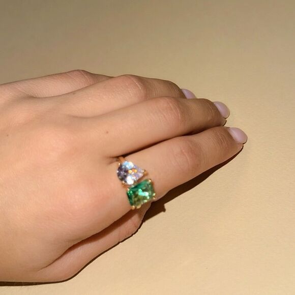Anthropologie Gold Ring with Green and Clear Stones - Picture 4 of 4
